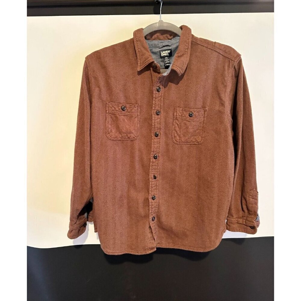 Mens XXL/Tall LANDS END Heavyweight Brown Herringbone l/s Cabincore Shirt - Picture 3 of 11